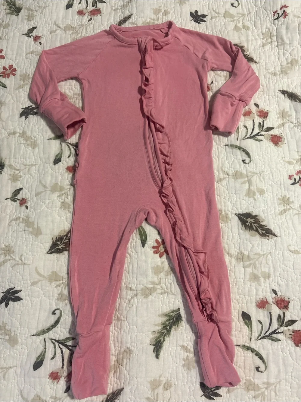 Little Sleepies Pink Rose Ruffle Bamboo Footie Pajamas Baby Girl 0-3 months